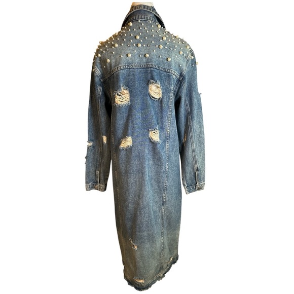 Veveret NWOT Elegant Long Denim Jacket with Pearl Accents - Picture 8 of 15